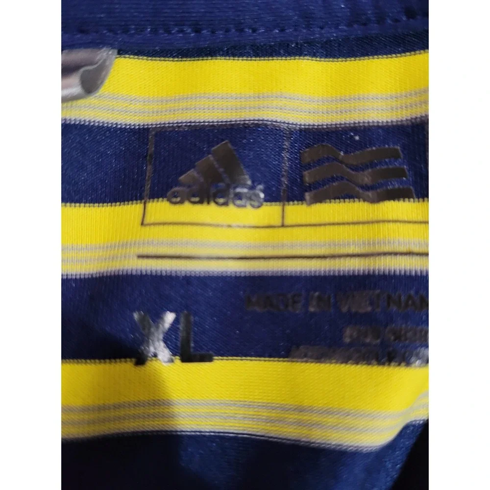 Adidas Golf Polo Shirt Mens XL‎ Navy Blue Yellow Striped Short Sleeve